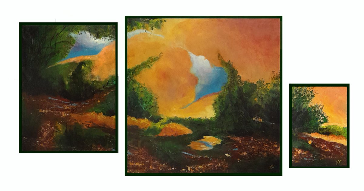 malcolmtait's tweet photo. "Stubblefield At Sunset, Addlethorpe." (Abstract off-set triptych).  Overall dimensions  216.5  x102.5cm. Inspired by an evening walk last October this was originally going with just one panel but was never happy with what I achieved and so the work developed. Final piece below. https://t.co/OgvSi3pJ1C