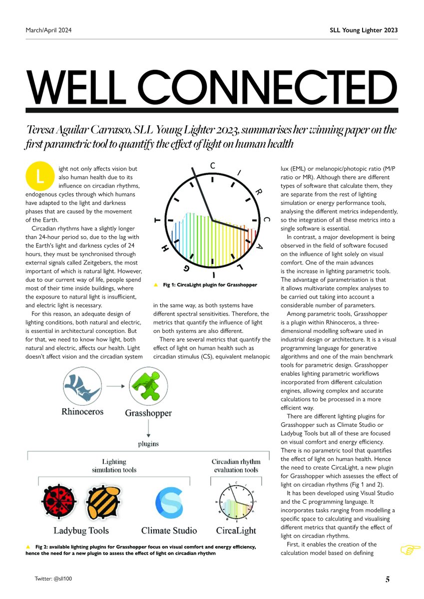 SLL100's tweet image. Take a look at the article in SLL - Society of Light and Lighting #lightlines magazine from SLL Young Lighter 23, Teresa Aguilar Carrasco describing her winning project: CircaLight, a new circadian light assessment tool for Grasshopper environment.

issuu.com/matrixprint/do…