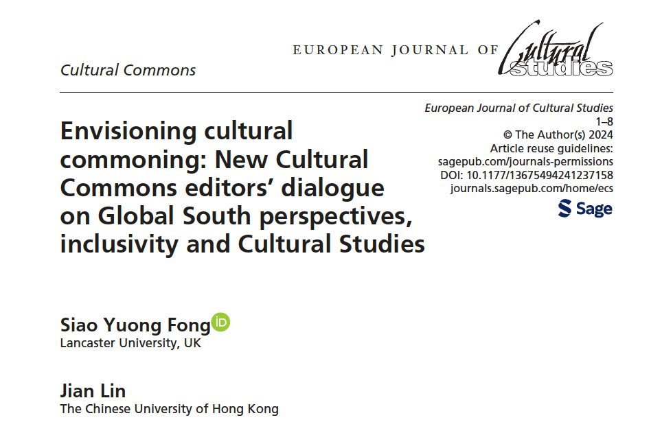Siao Yuong (Rong) Fong (@xiaorongfong) on Twitter photo This piece by <a href="/antlinjian/">LIN Jian</a> and myself as editors of Cultural Commons at <a href="/EJCS_Journal/">European Journal of Cultural Studies (EJCS)</a> introduces our vision for the section as a 'smart kampung' for Cultural Studies' engagement with / circumvention of the system. Proposals welcome! Read our piece here: doi.org/10.1177/136754… This piece by <a href="/antlinjian/">LIN Jian</a> and myself as editors of Cultural Commons at <a href="/EJCS_Journal/">European Journal of Cultural Studies (EJCS)</a> introduces our vision for the section as a 'smart kampung' for Cultural Studies' engagement with / circumvention of the system. Proposals welcome! Read our piece here: doi.org/10.1177/136754…