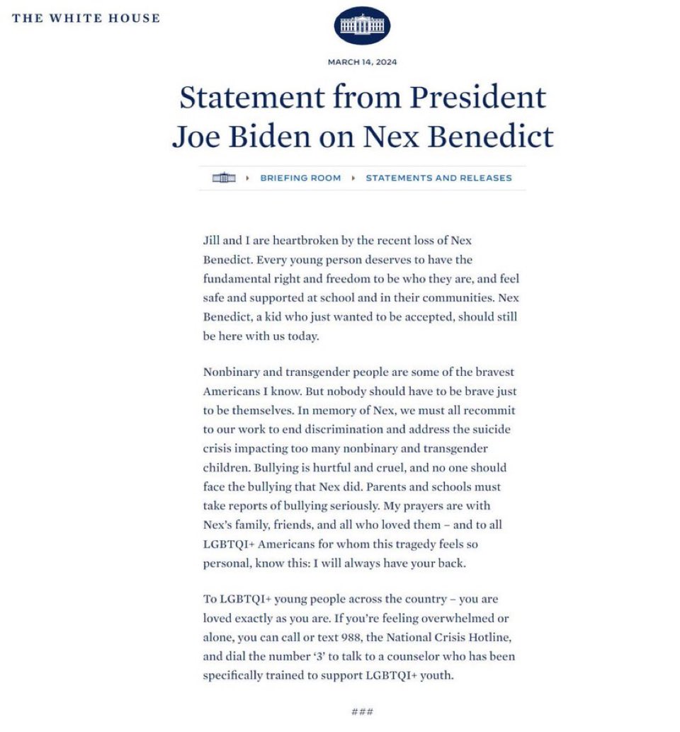 The POS #Biden Put Out a Letter Anout #NexBenedict SUICIDE Blaming Conservatives But Hasn’t Put ANYTHING Out About #LakenRiley Blaming HIMSELF…