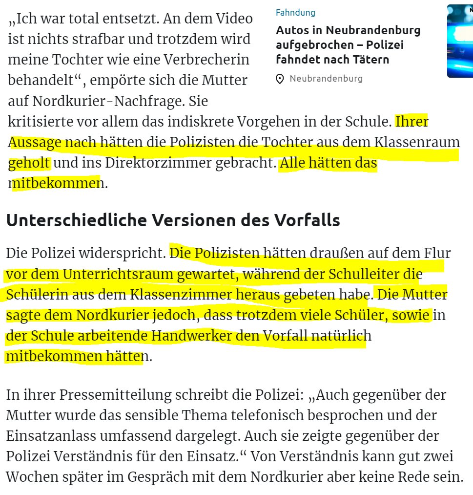 Mutti neigt ein bisschen zum Dramatisieren: aus "alle" wird "viele". Hinterher sind es ur "einige". Gerüchte + Unkenntnis der Polizeiarbeit leisten auch einen Beitrag. Und schon wird wieder rechts geschwurbelt, damit man sich empören kann. /via <a href="/Nordkurier/">Nordkurier</a> #schulleiter