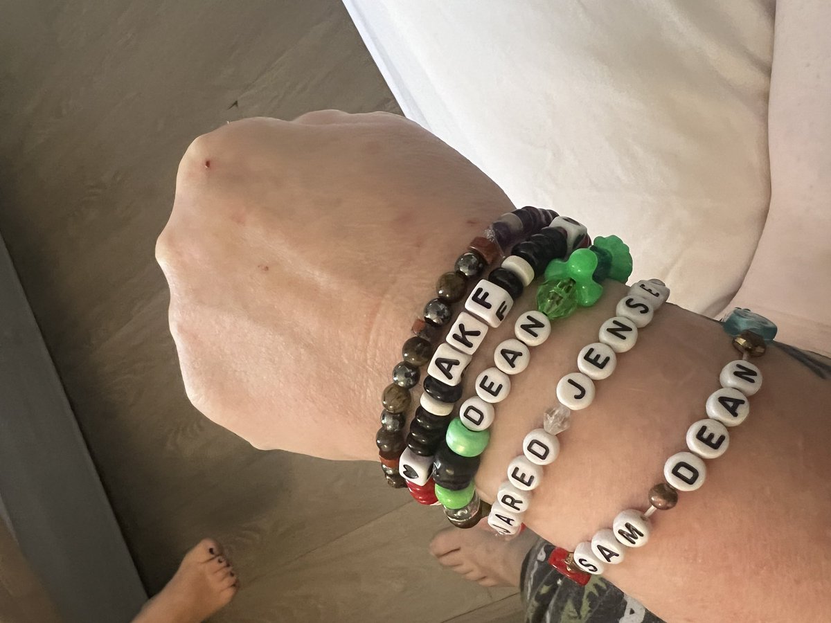 JulSPNForever67's tweet photo. Brought all my gifties from my girls that Burbank. And my tall boy set relics bracelet. Love you all so much #SPFamily #CrowdedTable ๐ฅฐ https://t.co/zfB0wOYM9e