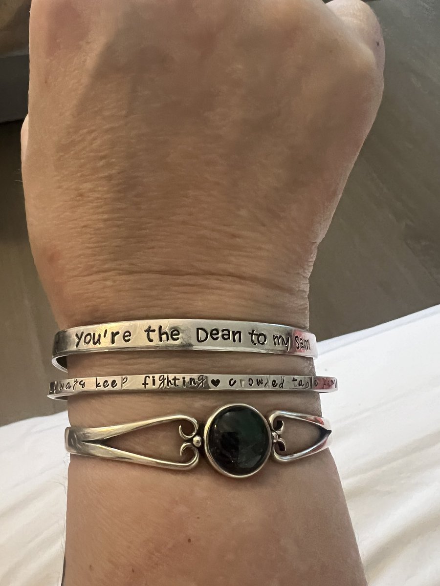 JulSPNForever67's tweet photo. Brought all my gifties from my girls that Burbank. And my tall boy set relics bracelet. Love you all so much #SPFamily #CrowdedTable ๐ฅฐ https://t.co/zfB0wOYM9e
