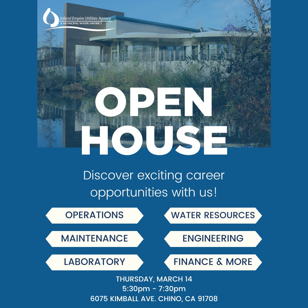 IEUAwater's tweet image. We're excited to see you all at our Open House! Avoid the wind and join us indoors at our Event Center at the Inland Empire Utilities Agency Headquarters Building B. #workforwater #networking #governmentjobs #ieuawater
