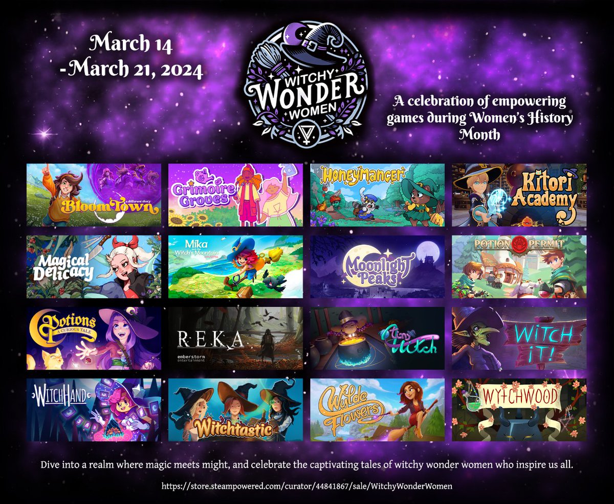 🕯️ Shh, we're manifesting witchiness 🕯️ How awesome is sharing space with such amazing games and teams??? Let's celebrate the Witchy Wonder Women Steam event together ✨