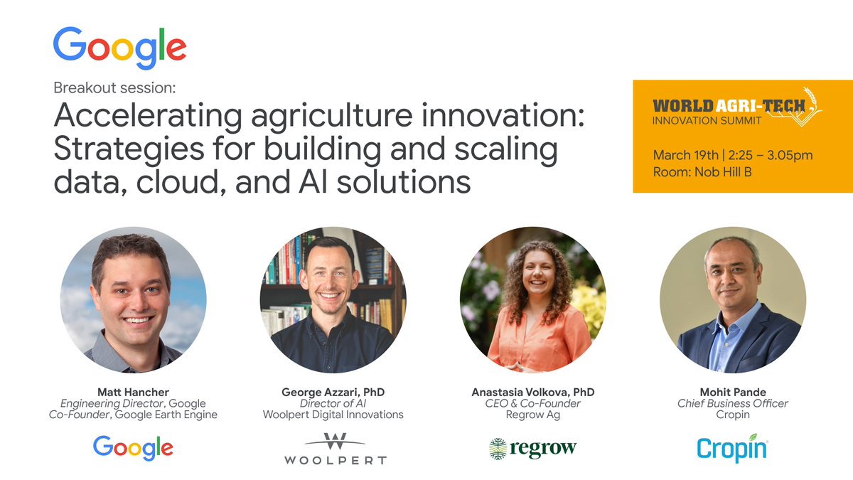 Data, cloud computing and AI. Discover how this tech can drive #ClimateAction and bolster agrifood #supplychains at the upcoming @WorldAgriTech. 🛰 🌾 Join us March 19, 2:25p for a panel w/ Regrow, @google, @wolpert @CropInTech 👉 worldagritechusa.com/register/ #WorldAgriTech
