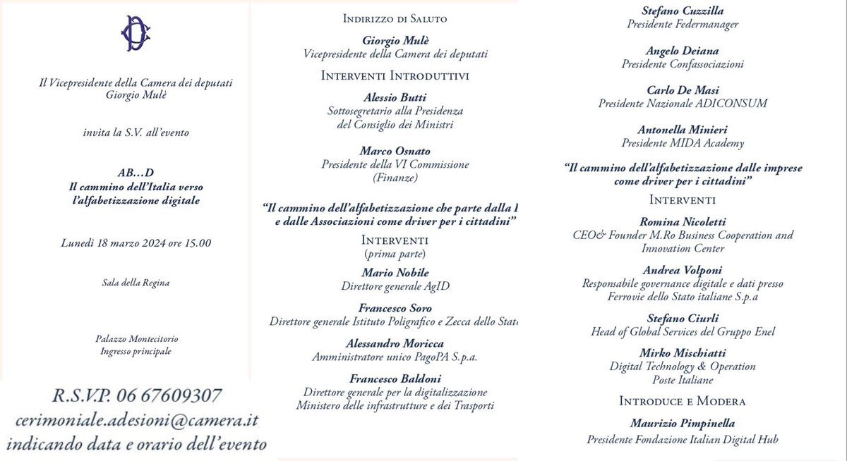 Il #18marzo alle 15, #grazie a Maurizio Pimpinella, sarò alla Camera dei Deputati per un evento dal #titolo 'AB..D Il cammino dell'Italia verso l'alfabetizzazione digitale'. Un grande parterre per un grande tema...

#Confassociazioni #laretedellereti #azionistidelPaese #digitale