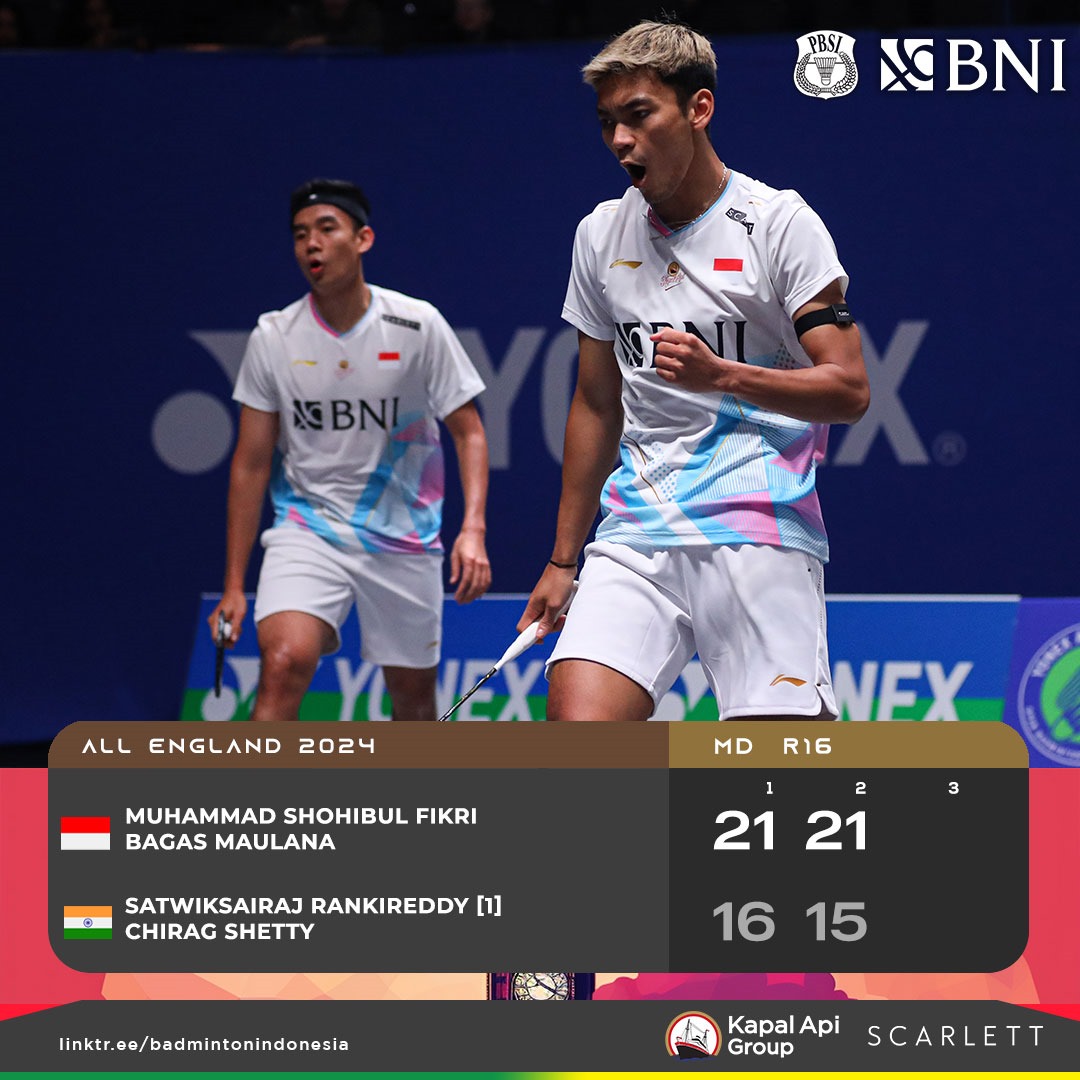 INABadminton's tweet photo. Incredible game!

Bagas/Fikri merebut kemenangan atas pasangan Satwiksairaj/Chirag!

Let's go boys!

#AllEngland2024 @BNI #BNIGlobalReachIndonesianPride https://t.co/0mvMZS2XlQ
