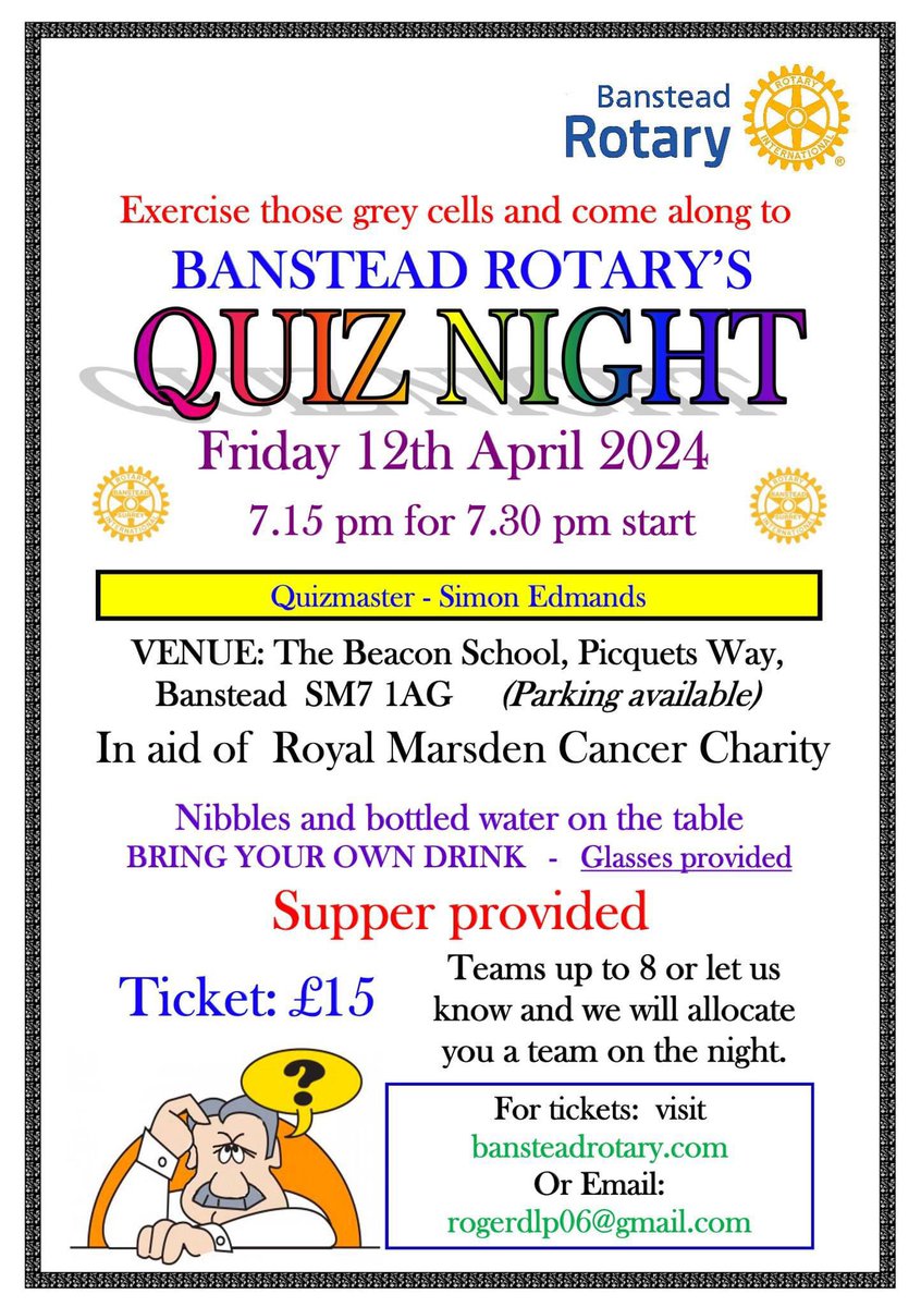 Don’t miss the @BansteadRotary quiz night - Friday 12 April, 7.15pm. And it’s for a great cause - @royalmarsden! ⬇️⬇️⬇️