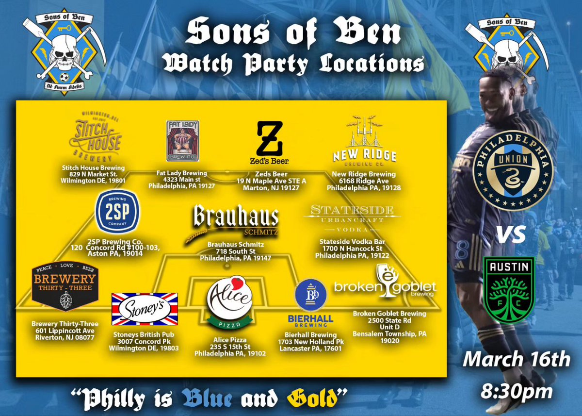 Week 4 of MLS kicks off this weekend! Join us at our pub partners this Saturday as our @PhilaUnion faces Matthew McConaughey's team. Don't forget to show your 2024 Membership coin at participating locations! Catch the board hosted watch party at @AlicePhilly!