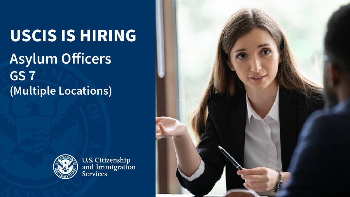 USCIS's tweet photo. Looking for a life-changing career? USCIS is hiring asylum officers! Make a difference in the lives of asylum seekers while maintaining the integrity of the U.S. immigration system. Learn more &amp; apply by 3/18: https://t.co/dSuwijkFVX
Must be a U.S. citizen or national to apply. https://t.co/ZDlmod1ipN