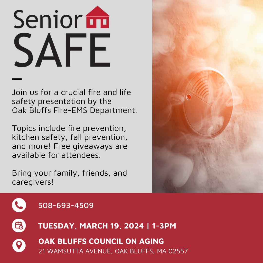 🔥 #SeniorSAFE Presentation
📅 March 19, 2024
🕐 1-3PM
📍 #OakBluffs #CouncilOnAging
Join us for crucial fire & life safety education led by @OakBluffsMA #Fire-#EMS Dept. 🧯Topics include #FirePrevention, kitchen safety, #FallPrevention & more! Bring family, friends & caregivers!
