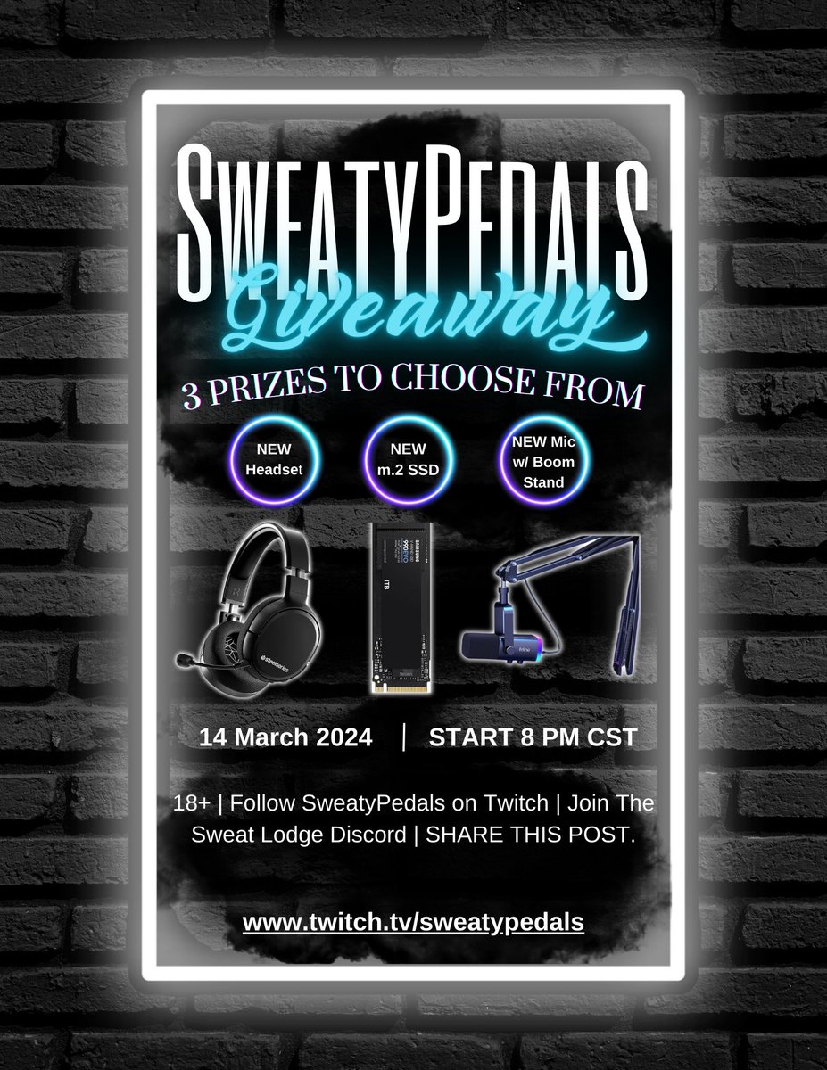 Streamers and Gaming nerds! Giveaway today at 8PM CST on twitch.tv/SweatyPedals

But come join us rn because the more you watch the stream the more opportunity you have to win prizes!

#giveaway #twitch #streamers #TwitchAffilate