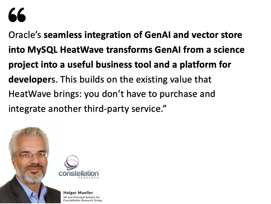 [Analyst quote] Constellation Research, 'MySQL HeatWave transforms GenAI from a science project into a useful business tool and a platform for developers.' social.ora.cl/6012kplZK #MySQLHeatWave #GenerativeAI @constellationr @holgermu