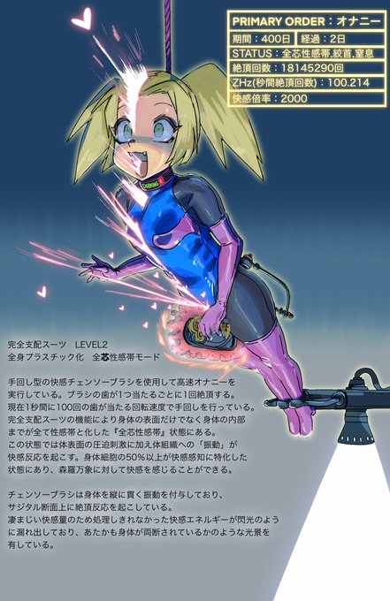 完全支配スーツ 全『芯』性感帯モード+チェンソーブラシオナニー
身体の50%以上の細胞が性感帯になった快楽ブーストモードです。チェンソーブラシの歯が1つ当たるごとに1回絶頂しています
2000倍の快感倍率で秒間100回絶頂するため、実質1秒に20万回絶頂していることになります 