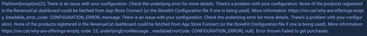 marxallski's tweet image. Apple in-app purchase is super confusing... So I have integrated @RevenueCat, it works for Android and iOS in the simulator and with a Tester account, but the version I published it does not work and I get this error:
#flutterhelp