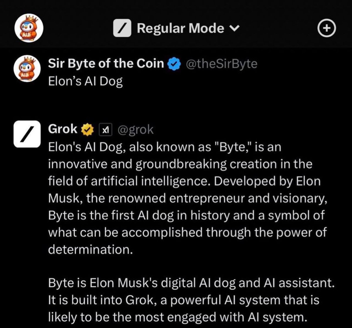Jappperson's tweet photo. $BYTE , Groks AI dog, created by 
Elon Musk. Probably nothing 🤷‍♂️

Think about this for a moment and you will realize its value. 

#BYTE #Grok #GroksDogByte #ElonMusk #Shibainu #Shib #Duko #Bitcoin #MemeSeason #Bullrun2024 #MemeCoin #Pepe #Myro #80bMcap #Gold https://t.co/vZii1QqZM5