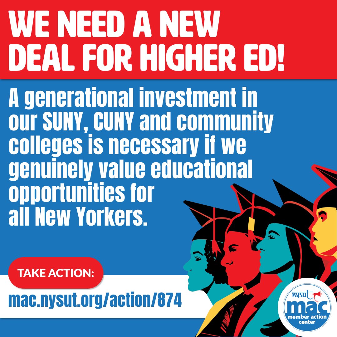 nysut's tweet image. Our public colleges + universities provide a pathway to opportunity for NYers, but for years, NY underfunded them. The result? Cuts to programs, services and staff.  

It's ⏰ for a #NewDeal4HigherEd. Take action: mac.nysut.org/action/863
