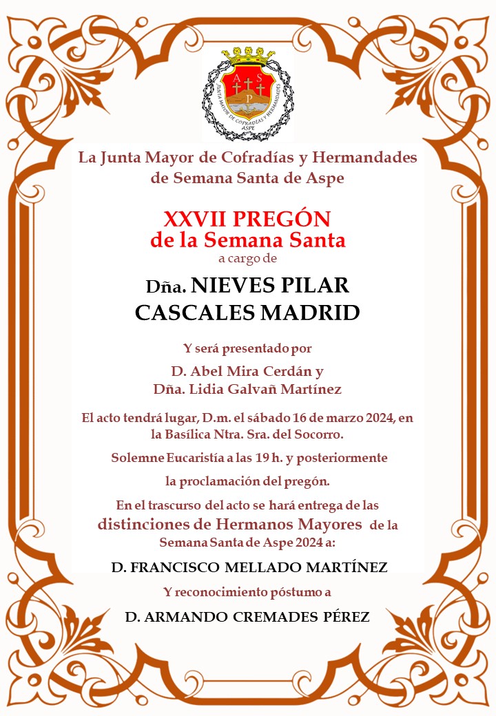 Este sábado 16 de marzo #Pregon en #Aspe de #SemanaSanta2024 en <a href="/BasilicaDeAspe/">Basílica de Aspe</a> <a href="/aytoaspe/">Ayuntamiento de Aspe</a> <a href="/Cesar_aspe/">Cesar Mira Botella</a> <a href="/info_cofrade/">𝗜𝗻𝗳𝗼 𝗖𝗼𝗳𝗿𝗮𝗱𝗲 ™️</a> <a href="/costablancaorg/">Turismo Costa Blanca</a> <a href="/ObispoMunilla/">Jose Ignacio Munilla</a> <a href="/Diocesisoa/">Diócesis Orihuela-Alicante</a> <a href="/JuntaDiocesanOA/">Junta Diocesana de Semana Santa Orihuela-Alicante</a> <a href="/dipuAlicante/">Diputación de Alicante</a>