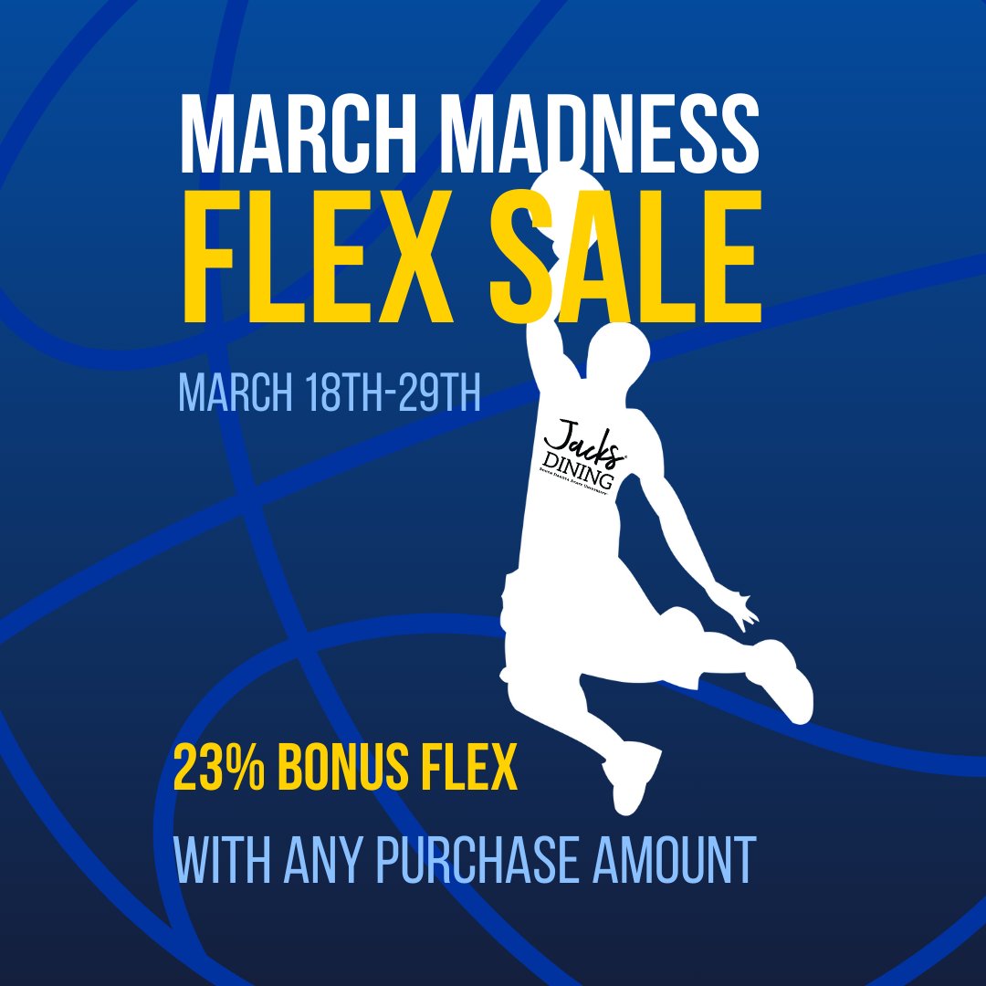 sdstatedining's tweet photo. Jump on this opportunity to score big with a bonus 23% more flex dollars added to any flex add-on purchases, during our flex sale. Load up for The final quarter of the semester and finish off strong. #GoJacks
https://t.co/viapyiHdYC https://t.co/K13ZDOwSOJ