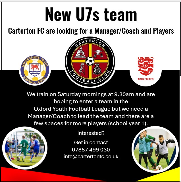Great opportunity for youngsters in school year one looking for a football team and coaches who want to to start in the game @CartertonComm @OYFLeague @OxfordshireFA @Witney_WestOxon @witneygazette @WodcNews @WitneyLetterbox
