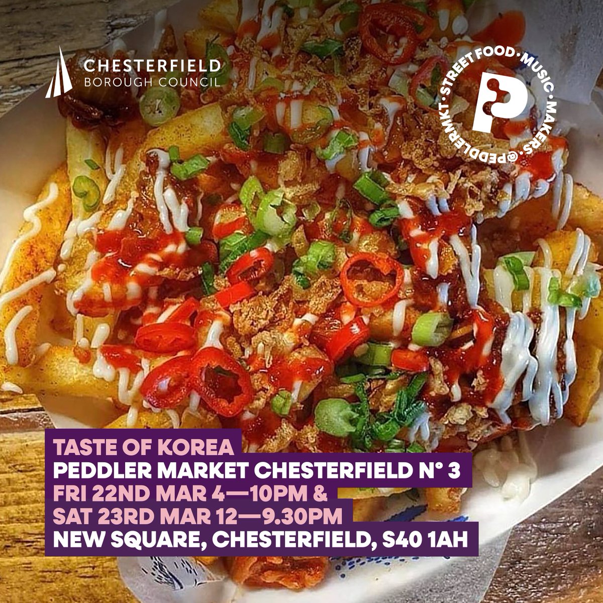 Making their Peddler Market debut this month are Taste Of Korea. We're super excited about this as the food looks amazing! 😍

Peddler Market Chesterfield Nº3
Fri 22nd March 4—10pm
Sat 23rd March 12—9.30pm
New Square, S40 1AH

#peddlermarket #peddlermkt #LoveChesterfield