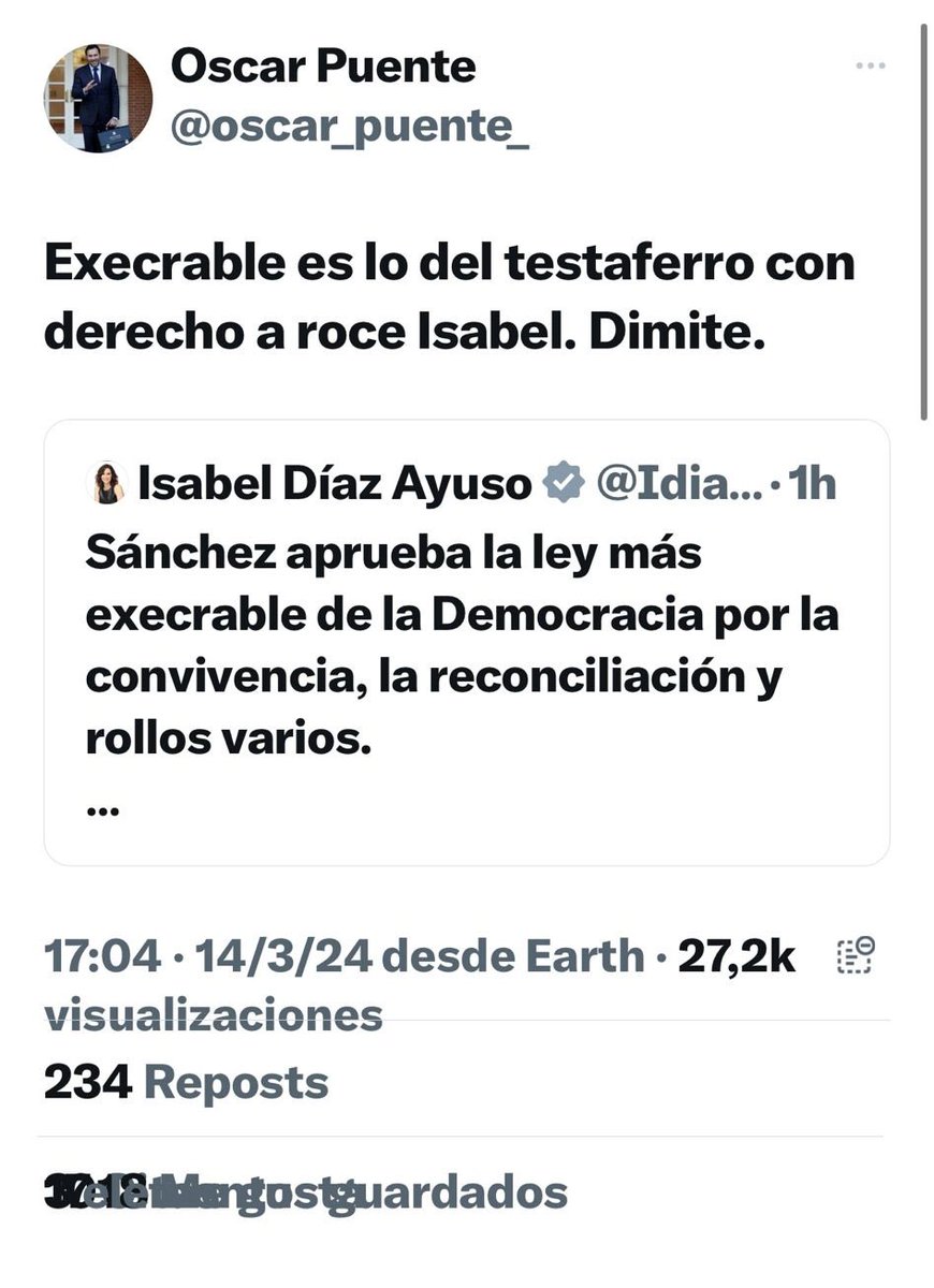 AliciaGarcia_Av's tweet photo. Execrable es tu comentario machista y soez, @oscar_puente_ .

Al feminismo de pancarta del Gobierno de Sánchez, se suma el machismo de tuit de Óscar Puente. https://t.co/lynNqPumek