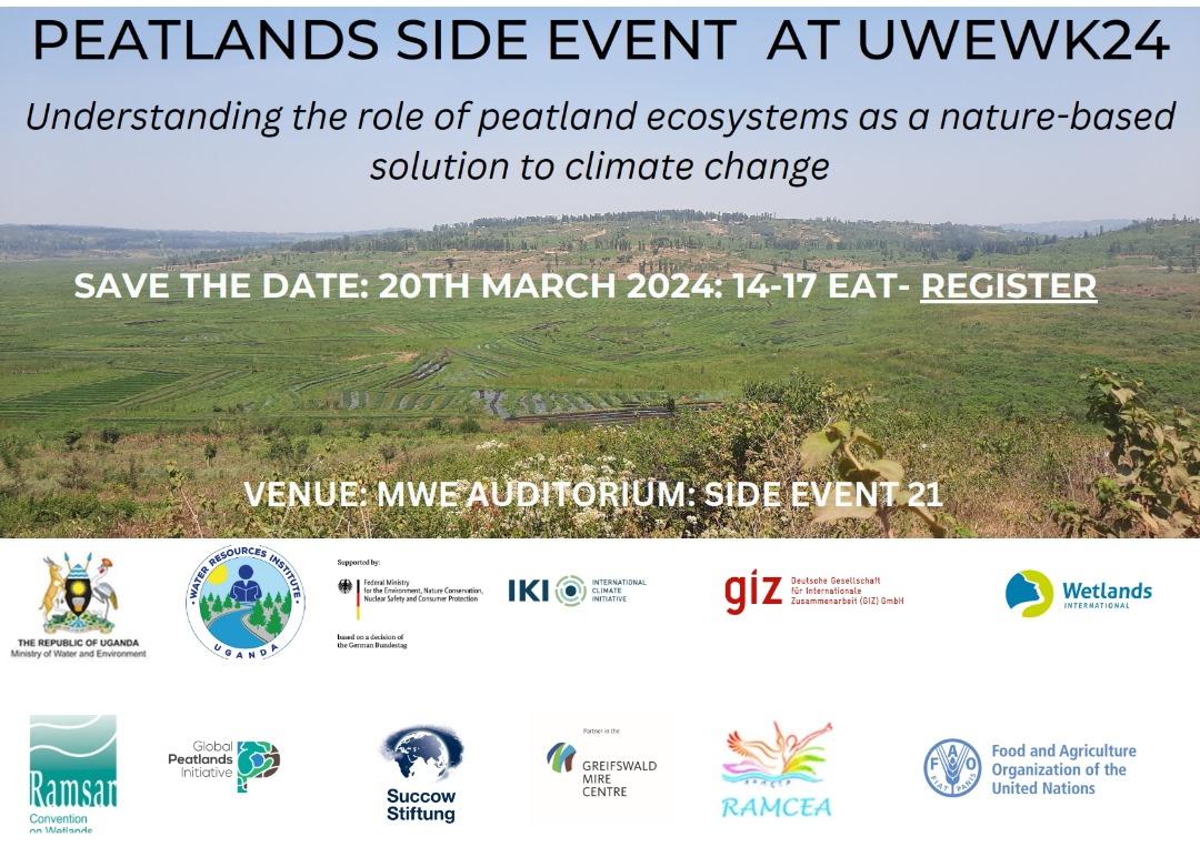 Don't miss a special side event on peatlands on 20th March during the Uganda Water & Environment week organised by @min_waterUg @RAMCEA_ @WetlandsIntEA @giz_uganda @succow_stiftung @RamsarConv . You are invited to attend both physically and online using the link below