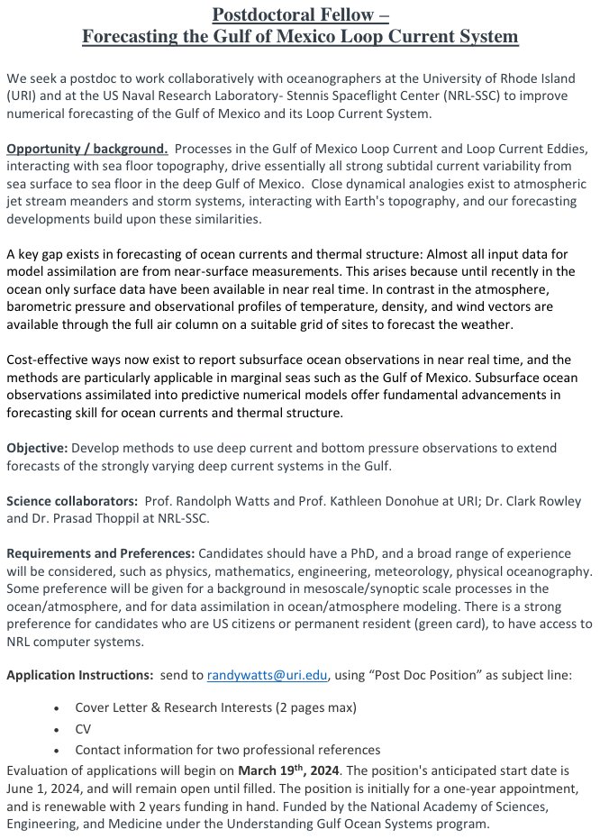 🚨 JOB ALERT: @URIGSO and @USNRL have a rare and really high-profile postdoc position open that could put you out in the Gulf of Mexico. Got a PhD and a penchant for tinkering with tide models? Click on the image and submit your stuff by 19 March...
