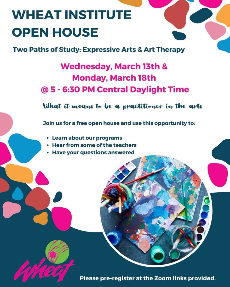oeata's tweet photo. The #wheat_institute is having an open house on Monday March 18. This is a good opportunity to learn about Expressive Arts. Visit their website to register. #wheat_institute #oeata #expressivearts  #expressiveartstherapy #exat  #exa  #openhouse #learn #artherapy #intermodality https://t.co/Gi6plod0GJ