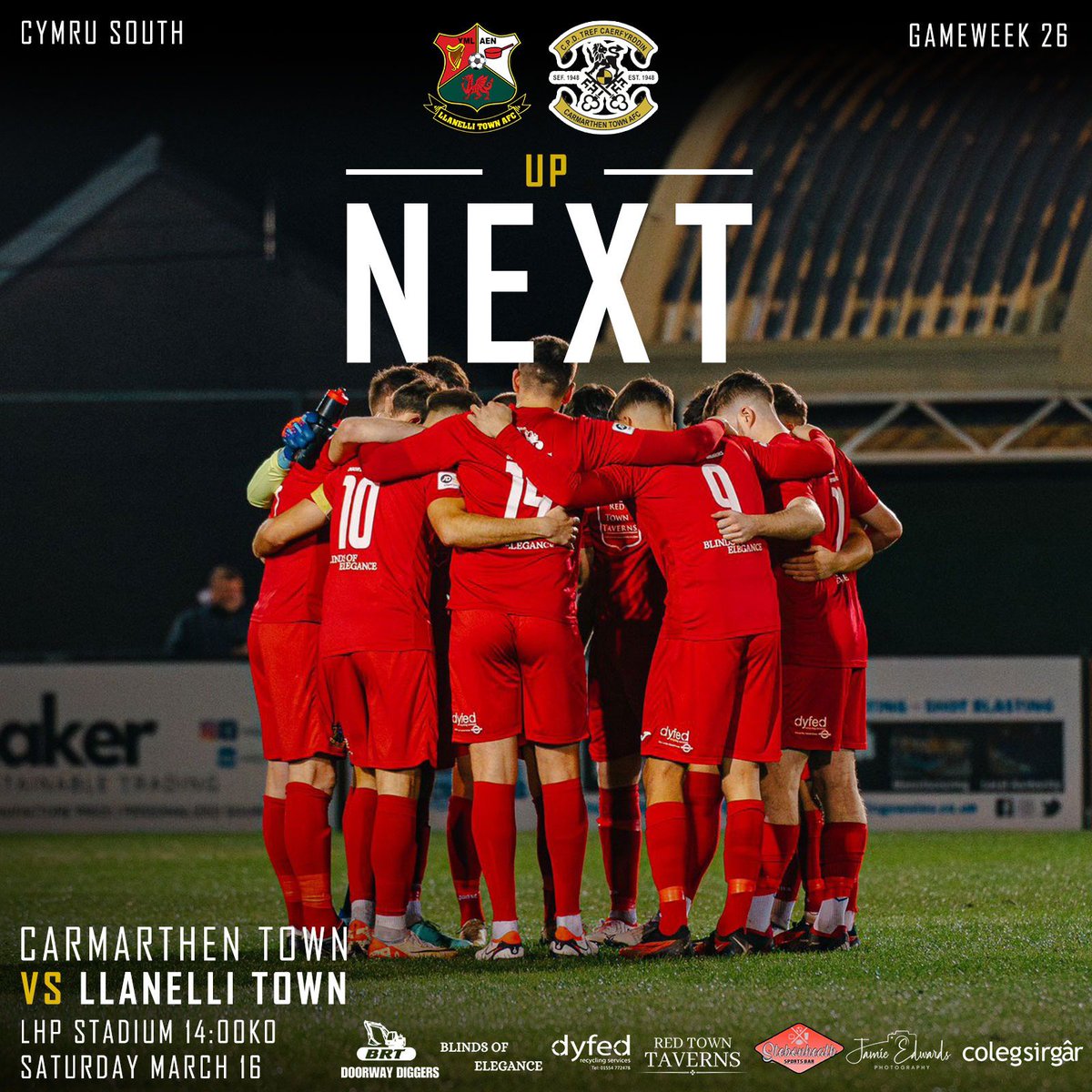 LlanelliReds's tweet photo. 🔜 UP NEXT!

Derby day awaits…

🗓️ Saturday 16th March
⏰ 2pm Kick Off
🆚 @CarmarthenAFC
🏟️ LHP Stadium
🏆 JD Cymru South

Come and support the boys in a huge game this Saturday!

#RedTown 🔴 https://t.co/xpFgIPCygy