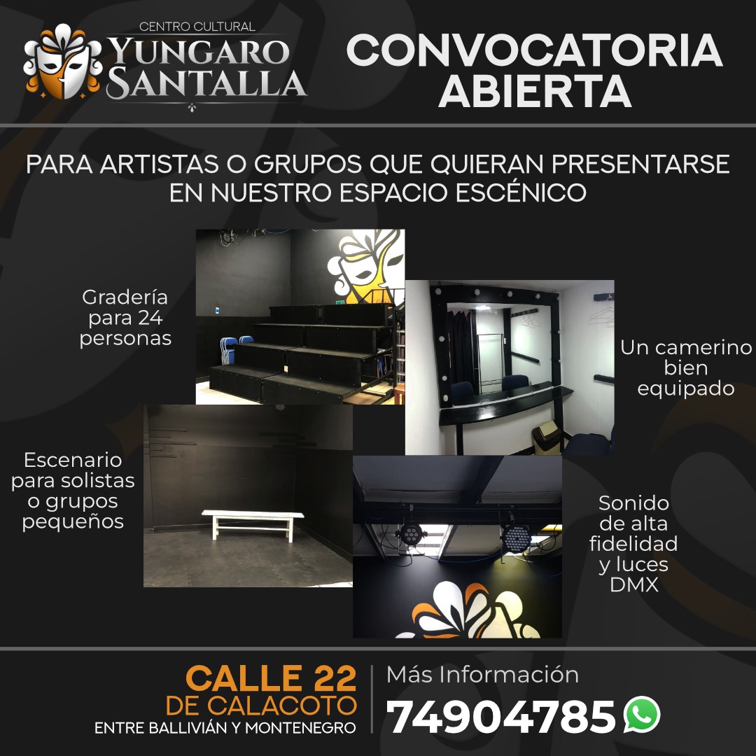 yungaro's tweet photo. ¡Abrimos la convocatoria para todos los que quieran presentarse en nuestro espacio! ¡Contáctanos! visita nuestro espacio, en la calle 22 de Calacoto, entre Ballivián y Montenegro, La Paz o por Whap 74904785 #Teatro #Arte #EspacioEscenico #CentroCultural #Impro #Bolivia https://t.co/7Skcm1Zjkk