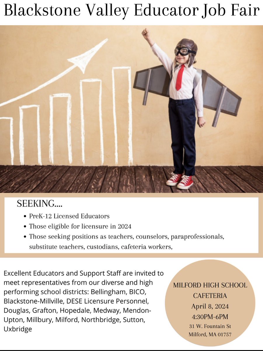 If you know anyone interested in a career with the schools, be sure to let them know about the Blackstone Valley Job Fair! ⁦<a href="/DerekAtherton1/">Derek Atherton</a>⁩ ⁦<a href="/maureenmcohen/">Maureen M. Cohen</a>⁩ ⁦<a href="/KevinMc14590765/">Kevin McIntyre</a>⁩ ⁦<a href="/BMRStrong/">Blackstone Millville Regional School District</a>⁩ ⁦<a href="/RRICKMemorial/">BMiller</a>⁩ ⁦<a href="/kpoissonbbc/">Kristen Poisson</a>⁩ ⁦<a href="/HopedaleSC/">Hopedale School Committee</a>⁩