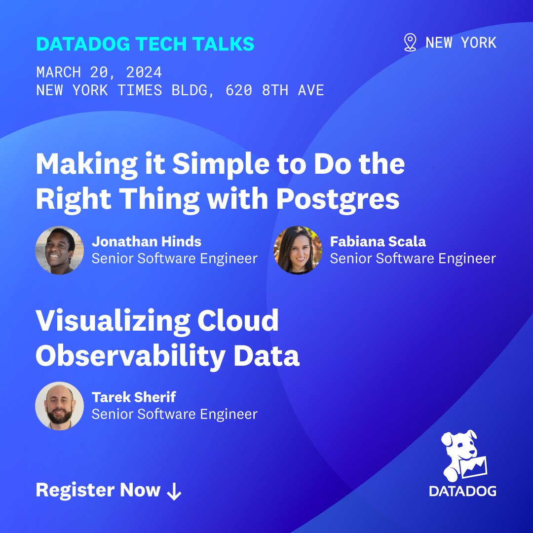 Datadog Tech Talks are presentations by engineers, for engineers. Hear from senior developers and industry leaders as they share their work and impact building Datadog’s latest products. RSVP to save your seat for our upcoming talks in NYC at: dtdg.co/marchtechtalks… #DatadogLife