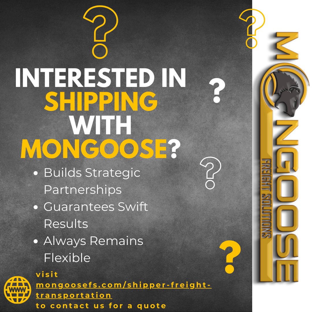 Ready to leverage the benefits of working with Mongoose Freight Solutions to get your freight where it needs to go, on time, on budget, & in perfect condition?

Get your Mongoose shipper packet today to get started!🌟🚚

#FierceLogistics #FreightSolutions #FreightBrokerage