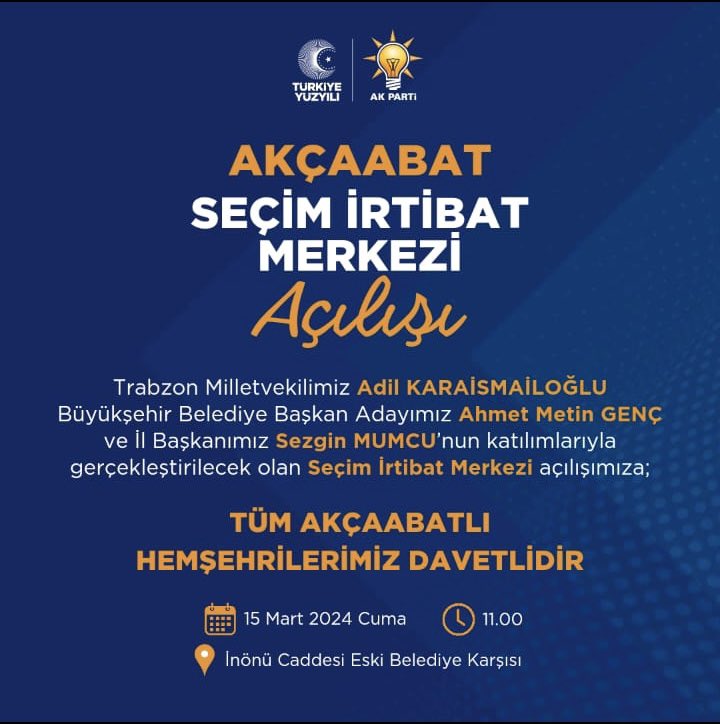 Bakanımız Sn. Adil Karaismailoğlu'nun katılımlarıyla gerçekleştirilecek olan Akçaabat Seçim İrtibat Merkezi Açılışı'na tüm halkımız davetlidir.

📆 15 Mart, Cuma
🕐 11.00
📍 İnönü Caddesi Eski Belediye Karşısı

<a href="/osman_ekim/">Osman Nuri Ekim</a>