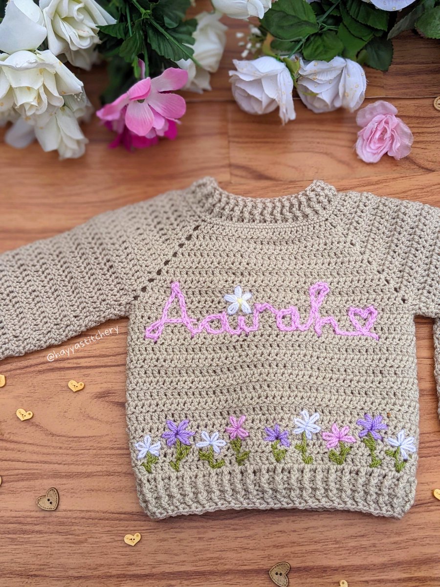Hayyastitchery's tweet photo. Baby sweaters are soso cuteee I love making them sm 🥹 embroidering the flowers and baby's name onto this was something new and I'm glad I got a chance to try it out because it turned out soo prettyy!

DM me if you're interested in custom initial/name crochet baby sweaters! https://t.co/ClLrxs32QU