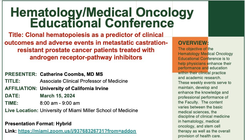 Have you ever wondered if clonal hematopoiesis #CHIPsm predicts outcomes in solid tumor #Cancer like prostate cancer? @calliecoombsmd has all the answers @SylvesterCancer Hem/Onc #GrandRounds! Looking forward to welcoming my co-fellow & friend now Associate Prof @UCIrvineHealth