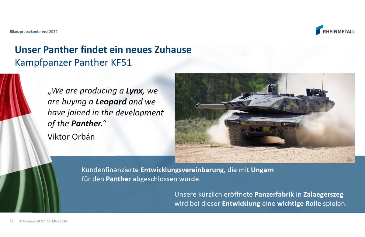 In neuer Präsentation: Rüstungskonzern #Rheinmetall feiert Kooperation mit Ungarns autokratischem Regierungschef Viktor Orbán, auch beim neuen Kampfpanzer Panther KF51: 'Unser Panther findet ein neues Zuhause'