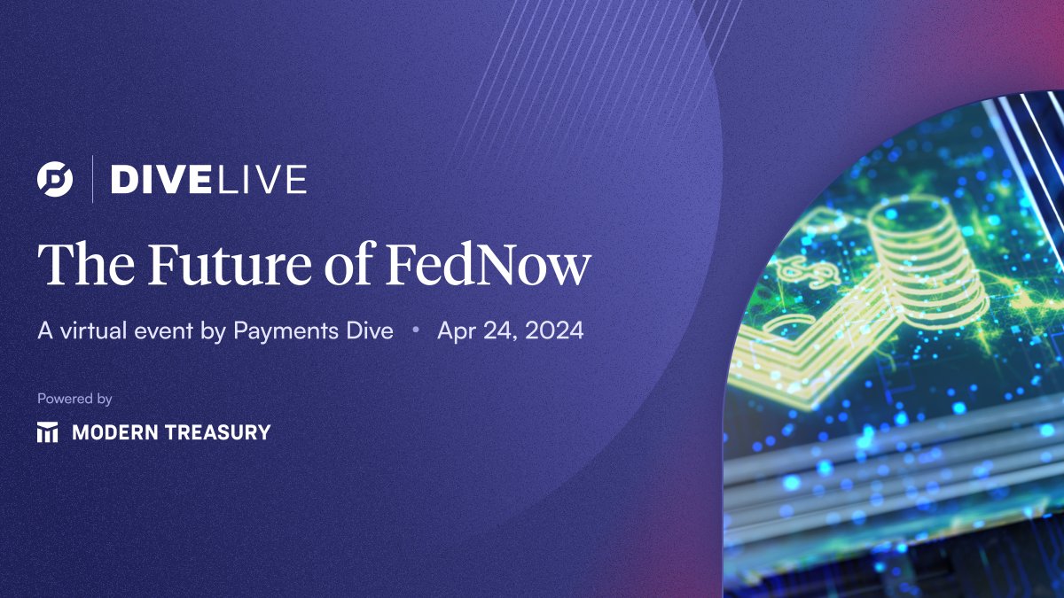 Join the Payments Dive team for their live virtual event, The Future of FedNow. This insightful event will discuss the evolving payments landscape and where it's headed after the launch of this real-time payments system. Save your seat today: resources.industrydive.com/the-future-of-…