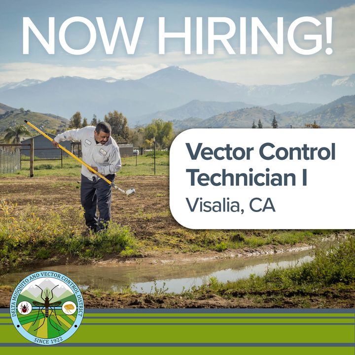 Delta MVCD is looking for a seasonal Vector Control Technicians! 

As a Vector Control Technician, you will inspect various types of potential mosquito breeding locations throughout Northern Tulare County. Find application on our website. Link in bio.