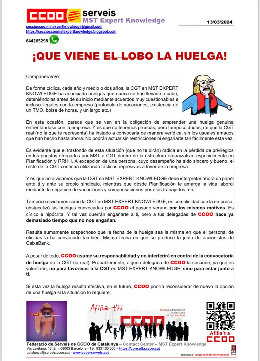 "No obstaculizaremos la huelga de ⁦<a href="/CgtSeccion/">Seccion sindical CGT Teleperformance BCN</a>⁩ como sí que lo hizo CGT el verano pasado junto a ⁦<a href="/MST_Holding/">MST Holding</a>⁩ cuando CCOO la convocó POR LOS MISMOS MOTIVOS. Y no lo haremos por CGT, sino por nuestra gente. ¡Siempre al lado, nunca encima! ⁦⁦<a href="/c_center_ccoo/">CONTACT CENTER CCOO</a>⁩