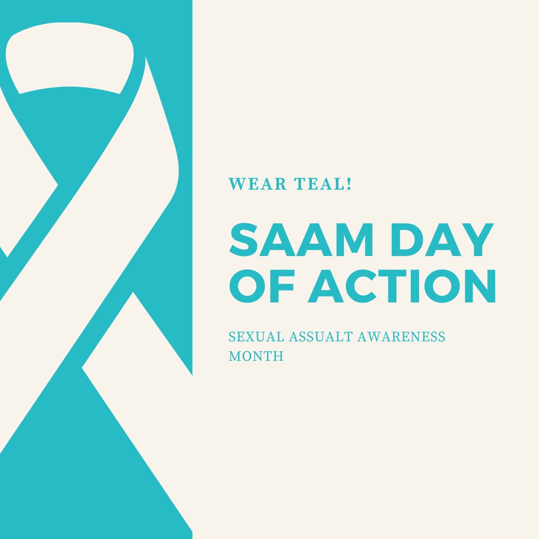 Show your support for survivors of sexual harassment and abuse by wearing teal on April  2nd and post a selfie to socials using #SAAM2024. By wearing teal, you're signaling that you support survivors, and are a safe person to talk to if they need to reach out.