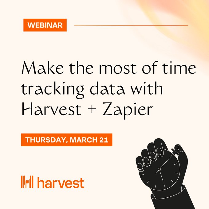 Join us and @Zapier for a webinar on March 21st at 11am ET to discover how to integrate your Harvest data with leading CRM, project management, and data visualization tools to gain insights from your time tracking and project data. Register here: hubs.la/Q02pv2zn0