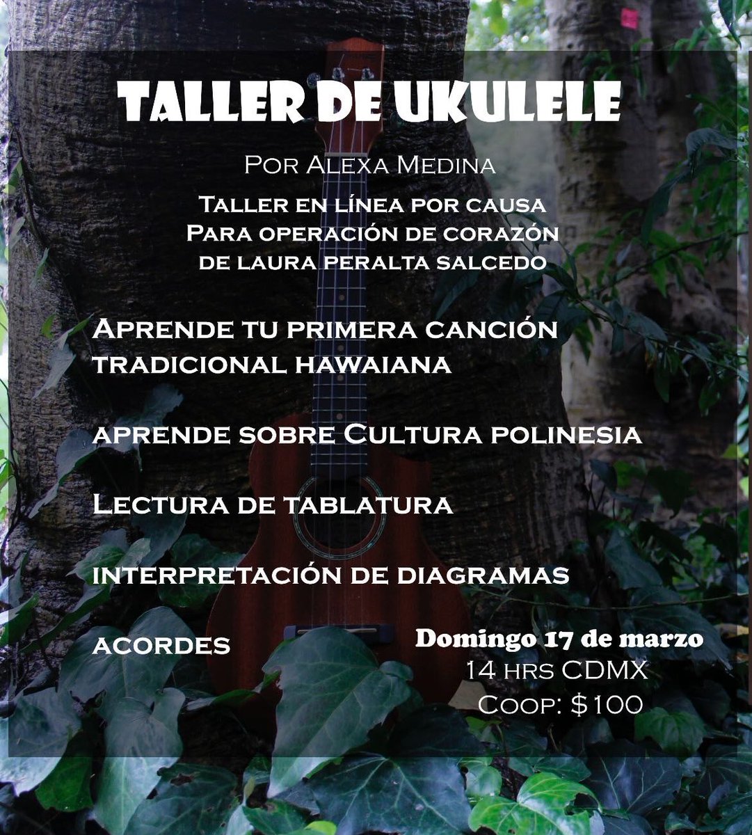 Alexaa_Med's tweet photo. Los invito a esta clase especial para recaudar fondos. La mamá de una amiga muy querida necesita una operación de corazón, así que ponemos a disposición este taller único para aprendan una canción hawaiana. 

domingo a las 14 hrs (Hora CDMX). Se impartirá por Google Meet. 

♥️♥️ https://t.co/q8QpVbkF7d