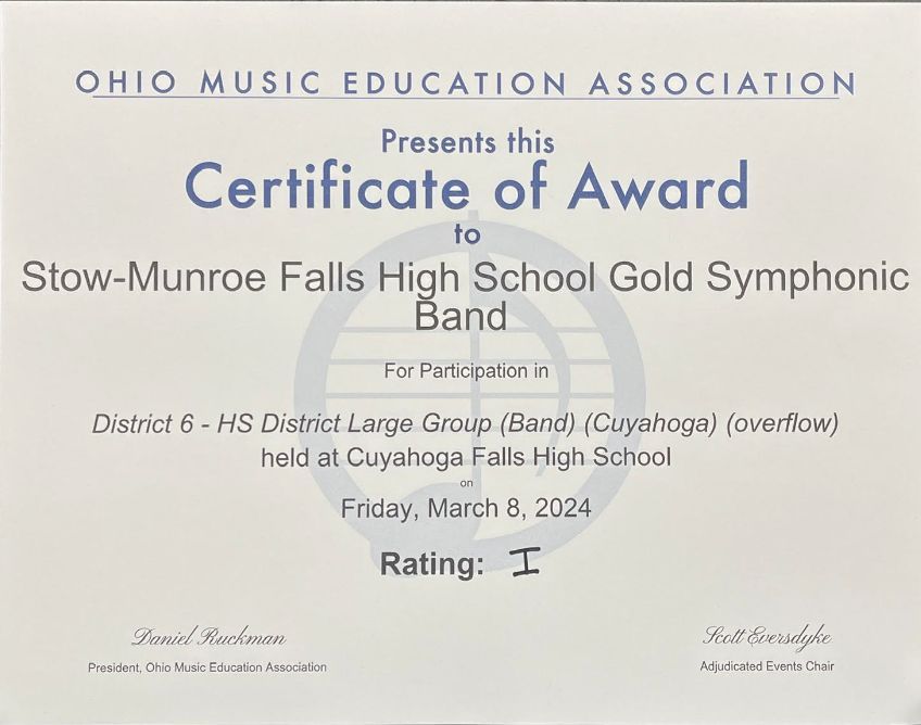 Our Stow-Munroe Falls High School Gold Symphonic Band earned top ratings for their performance at the District 6 OMEA Large Group Contest Event in Class B!! Our 'Gold Band' received a SUPERIOR 'I' Rating in their class. The highest rating possible! #BULLDOGPRIDECITIESWIDE