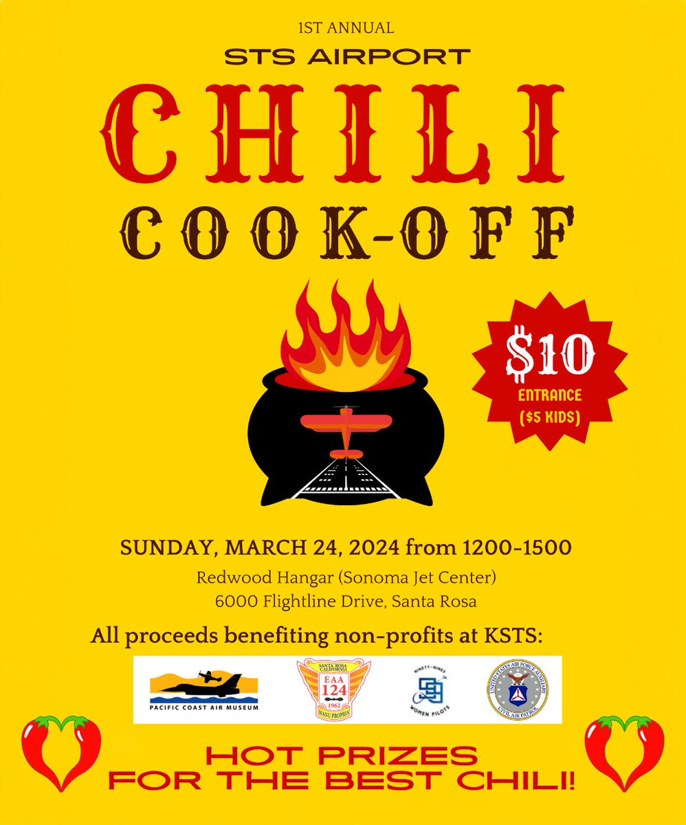 Do You Like Chili? On Sunday March 24th, Sonoma Jet Center will be hosting the first annual Airport Chili Cook-Off. Tickets are $10 for adults and $5 for kids under 15, and all proceeds go support non-profits here at the airport.  Get your tickets at: santarosa99s.org/events/sts-chi…