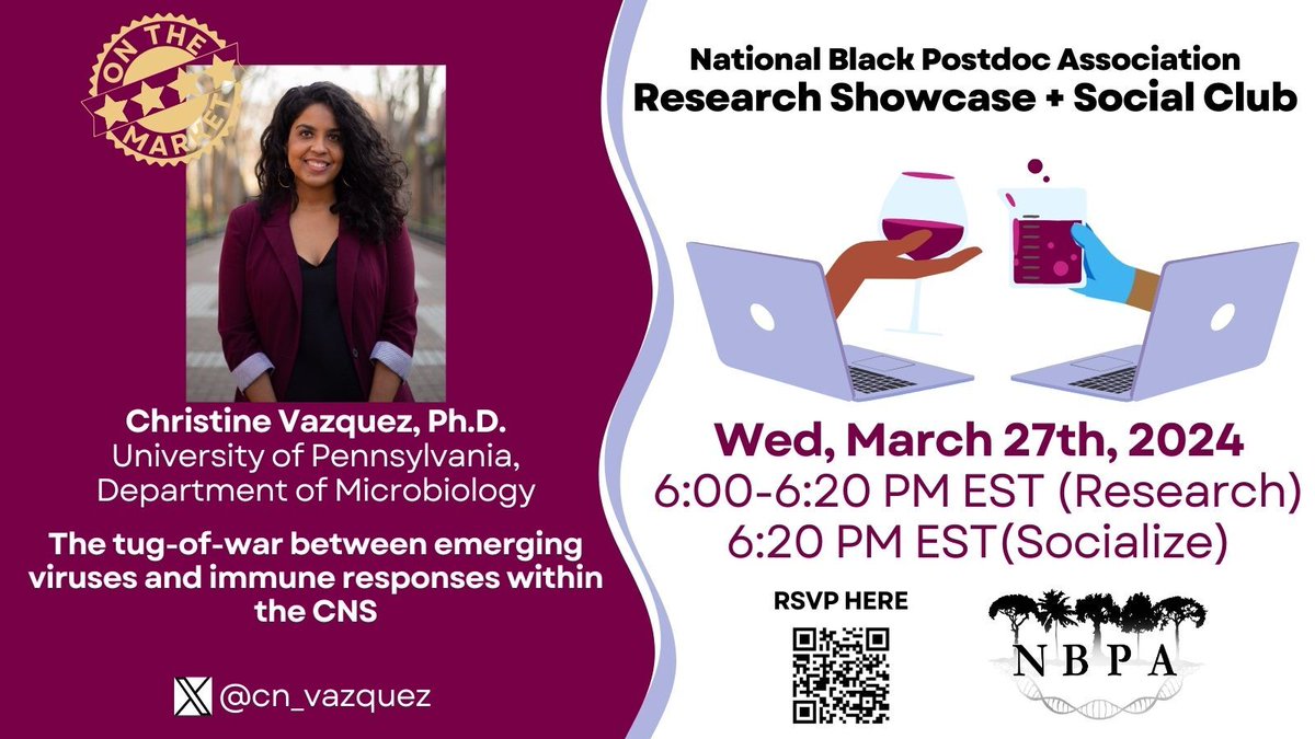 Join the NBPA for our Research Showcase & Social Club Wed, March 27 at 6:00 PM ET, feat. @cn_vazquez  (on Faculty Market)! Please register for the Zoom link 👉🏾forms.gle/xPqDe6EU3VkT1Y… 6:00-6:20 PM ET: 1 short 15-minute research talk (all welcome)🤩 6:20-7:00 PM ET: Member social✨