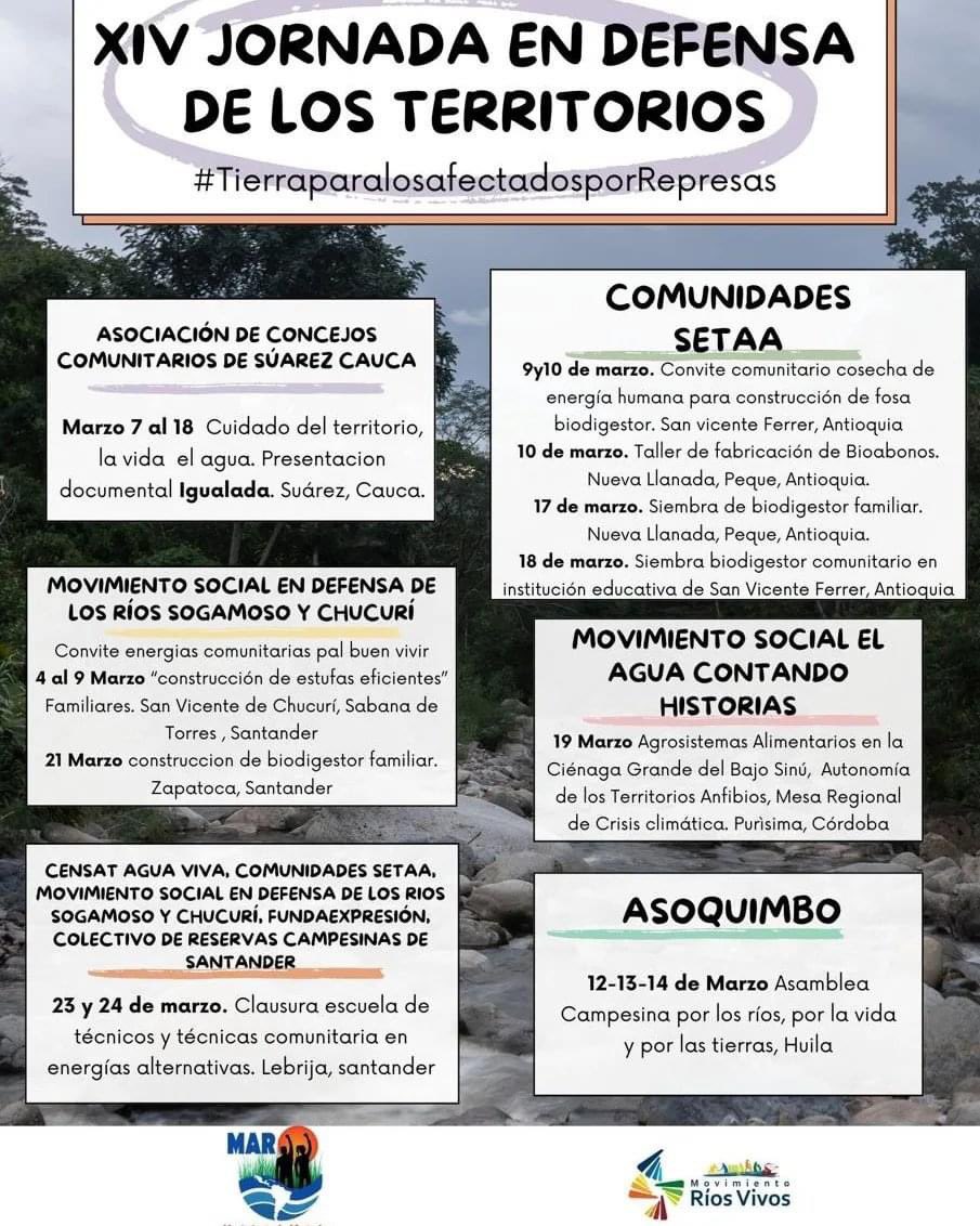 riosvivoscol's tweet photo. #ATENCION  #14marzo día contra las represas y de acciones  en defensa, por los Ríos, el Agua y la Vida. el #Movimientoriosvivos avanzamos en una política pública para los  pueblos y comunidades afectadas.
#TierraparalosafectadosporRepresas https://t.co/VfK4r4lmG5
