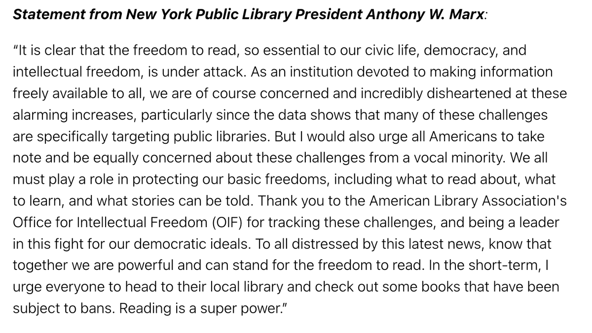 New @ALALibrary data shows a record high number of book challenges last year. Statement from NYPL President Anthony W. Marx: